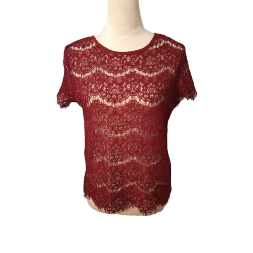 Sweet Claire Burgundy Short Sleeve Lace Blouse Scalloped Hem Size M